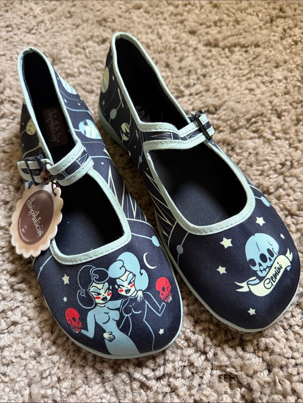 Hot Chocolate Designs Gemini Black Mary Jane Shoes with Mint Trim and Skull Art